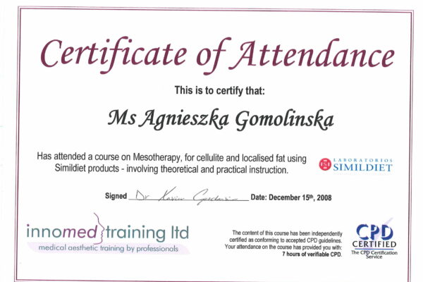 CPD certified innomed training ltd - mesotheraphy - Agnieszka Gomolińska