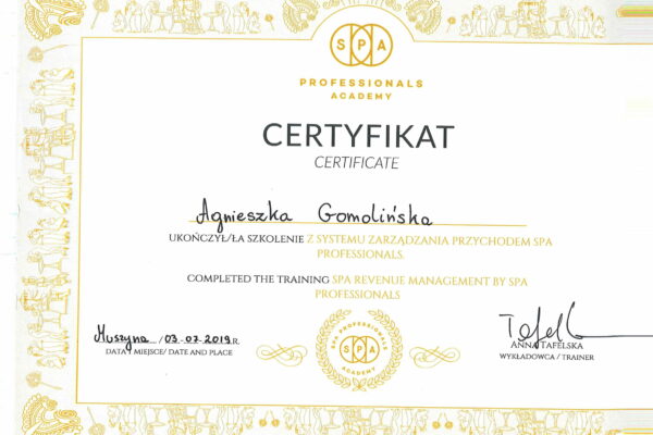 SPA professionals academy - certificate - Agnieszka Gomolińska