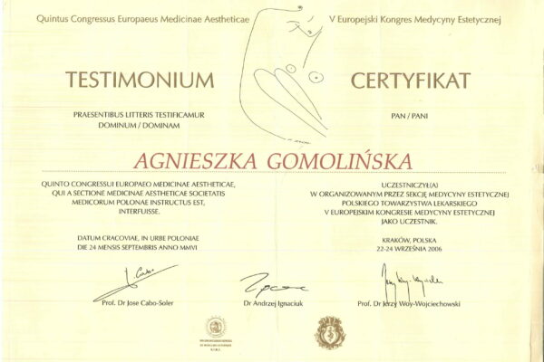 V eurpejski kongres medycyny estetycznej - certyfikat - Agnieszka Gomolińska