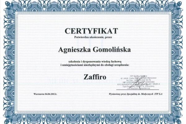 Zaffiro - certyfikat - Agnieszka Gomolińska