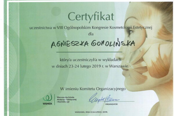 warszawska szkołą medycyny estetycznej i kosmetologii - certyfikat - Agnieszka Gomolińska